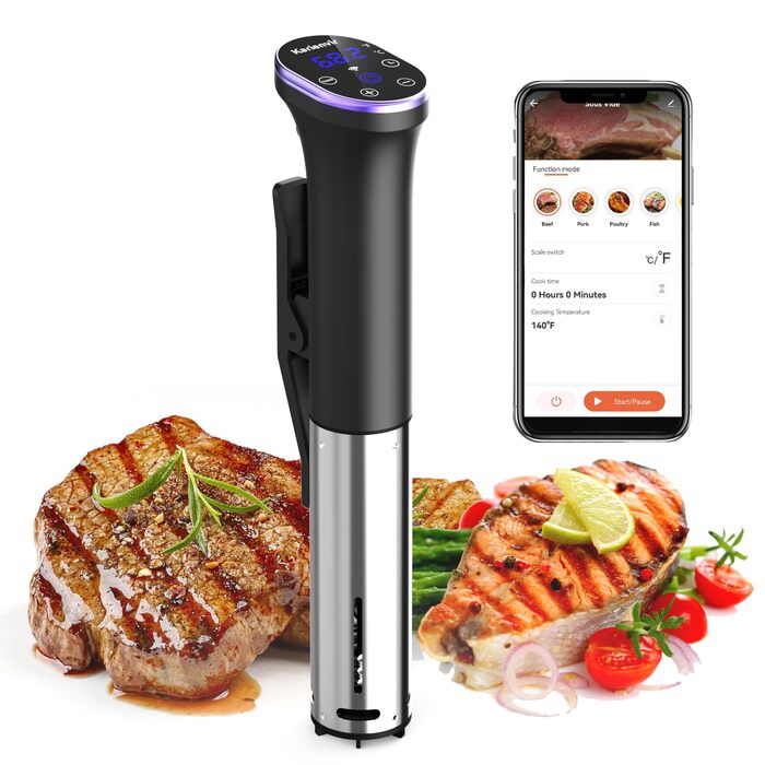 Sous Vide занурювальний кухонний термостат Karienvir 1400W з LCD-дисплеєм, Wi-Fi, IPX7, таймером, фіолетовий