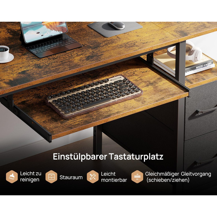 Ігровий стіл Seventable з LED підсвіткою, розетками та USB портами, шухлядами, підставкою для клавіатури та монітора (120x47x87 см, вінтажний коричневий)