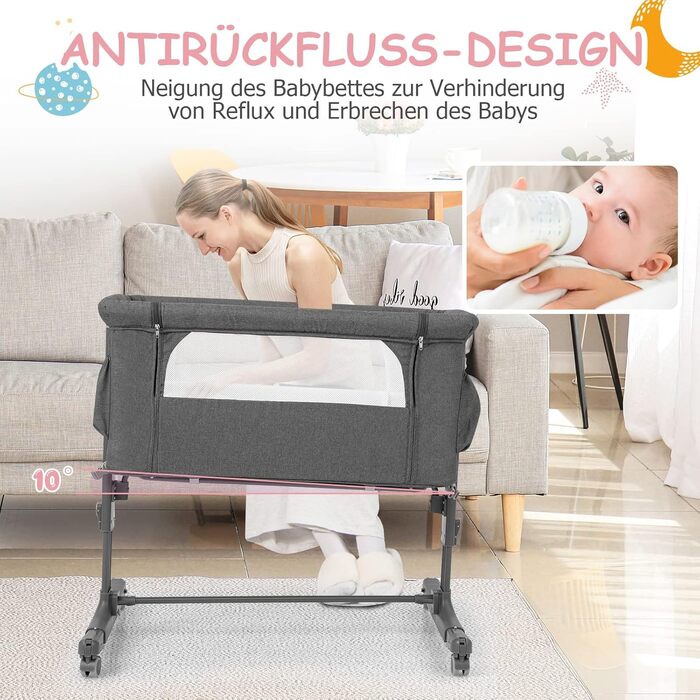 Двофункціональне ліжко-приліжкова стільниця Dreamade 2 в 1 з регулюванням висоти, з матрацом та колесами, 86 x 63 см, для новонароджених до 9 кг, з нахилом 10°, сірий колір