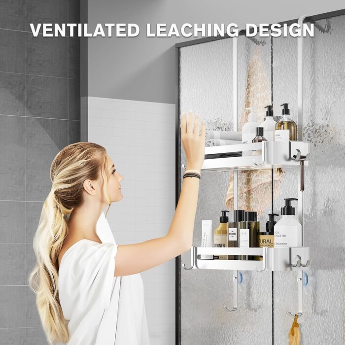 Настінна поличка для душу без свердління, чорна, для скляних душових кабін, регульована висота, 3 гачки для шампуню та гелю для душу