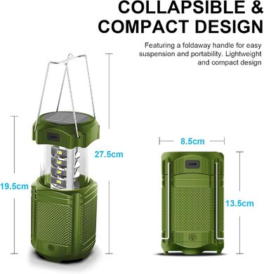Світлодіодний кемпінговий ліхтар PSOOO Сонячний портативний акумулятор 5000 мАг, кривошип/USB, ліхтарик і гачок (201-зелений)