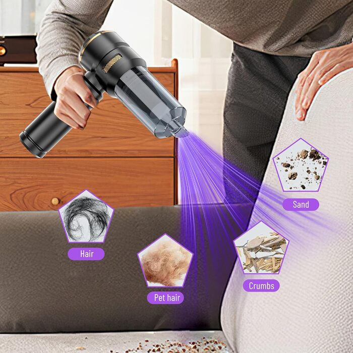 Акумуляторний ручний пилосос 4 в 1 для авто та дому, безщітковий мотор 22000Па, потужність 6000 мАг, портативний електричний обдуватель для прибирання шерсті та пилу, чорно-золотий