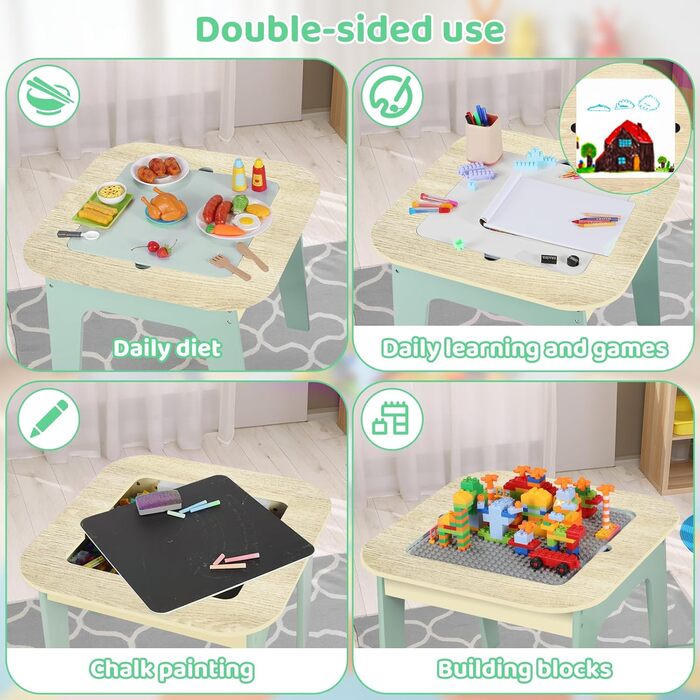 Дитячий стіл Mamizо з 2 стільцями: комплект меблів для дитячої кімнати, стіл для малювання та ігор, зелений