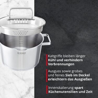 Каструля Meisterkoch з нержавіючої сталі 16 см Ø | з виливом, мірною шкалою та ізольованою ручкою | 1 скляна кришка з дрібним та великим ситом | посуд з нержавіючої сталі, підходить для індукційних плит (24 см)