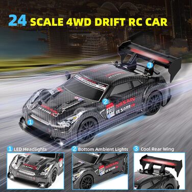RC Машинка на радіокеруванні Drift Car 1:24, 4WD, 20 км/год, 2.4 GHz, LED, 2 акумулятори, чорна - для дітей