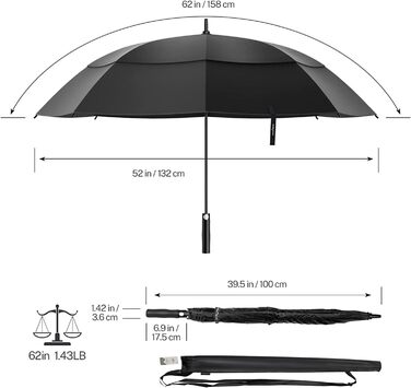 Парасолька KOLER Штормостійка, парасолька Велика парасолька для гольфу 158 см Навіс з подвійною парасолькою, автоматичним відкриттям, сонцезахисним, дощовим та вітрозахисним Велика парасолька для гольфу для жінок та чоловіків, чорно-синій (чорний, 157 см)