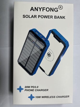 Сонячний пауербанк ANYFONG 30000mAh, бездротовий, PD20W, USB-C, 4 виходи, кемпінгове світло, синій