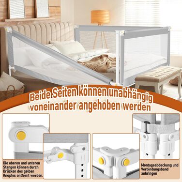 Бортики для ліжка дитячі Ikodm 2x200 см + 1x180 см, регульовані по висоті (64-96 см), сірі, з U-подібними ніжками, захист від випадання