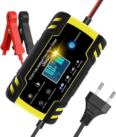 Зарядний пристрій для акумулятора URAQT 8A: 12V/24V, розумна автоматична зарядка для авто, LCD дисплей, режим ремонту, захист, для авто, вантажівок, газонокосарок, човнів