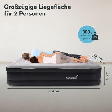 Надувна повітряна матрац Skandika Sveja Flex для 2 осіб з самонадувною системою та USB-помпою, 204 x 151 x 43 см, до 300 кг, з сумкою для перенесення