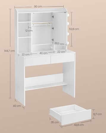 Туалетний столик з LED світлодіодом, 3 кольори, дзеркало, регульовані полиці, 2 ящики, сучасний, білий