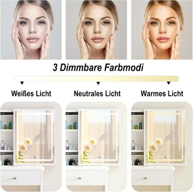 Дзеркальний туалетний столик DATO з LED-підсвічуванням, 3 колірні температури та регулюванням яскравості, з пуфом, 5 шухляд та 3 полиці, з розсувним дзеркалом (T68)