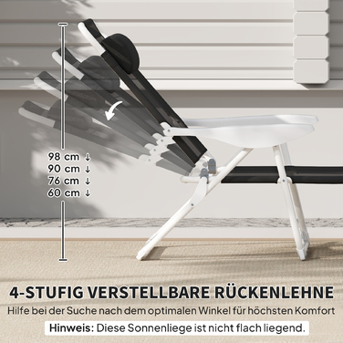 Розкладне крісло для відпочинку на сонце з подушкою для голови, крісло для саду з регульованою спинкою у 4 положеннях, витримує до 120 кг, чорного кольору.