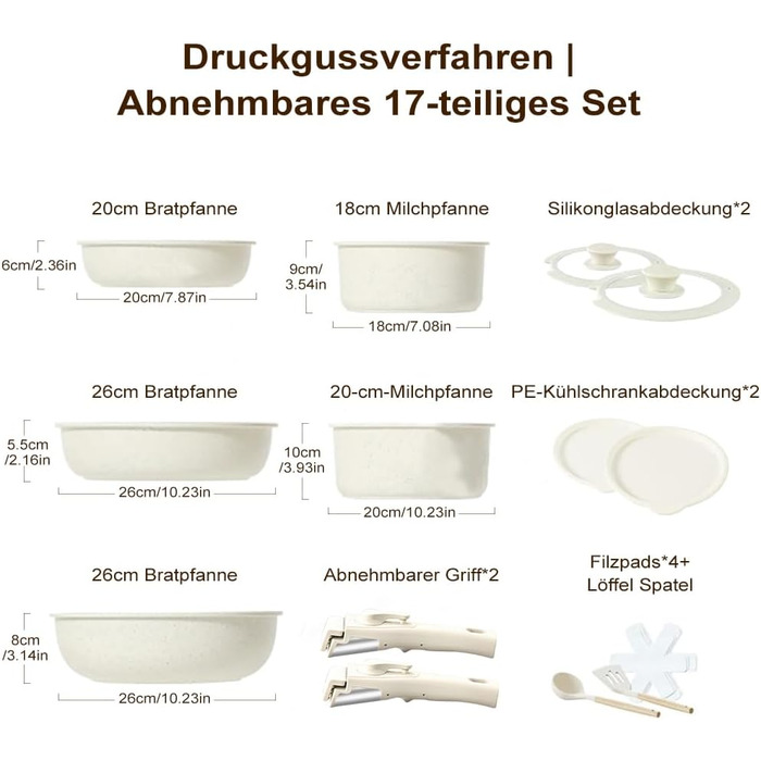 Набір посуду MDHAND 17 частин з гранітною емалевою поверхнею, антипригарне покриття, знімні ручки. Включає сковорідки, каструлі та супові горщики для приготування, смаження та тушкування.