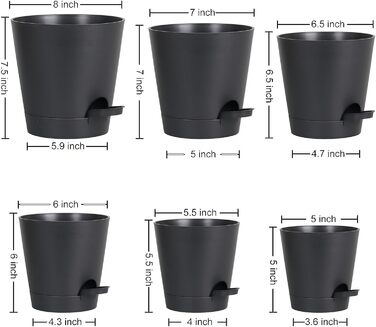 Набір горщиків для квітів 6 шт. з автополивом, чорний. Підходить для дому та балкона. Розміри: 20.3-12.7 см.