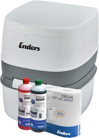 Кемпінговий туалет Enders Supreme Green Set: комфортна висота, мобільний, білий. В комплекті: 1л санітарної рідини, 1л рідини для стоків, туалетний папір.