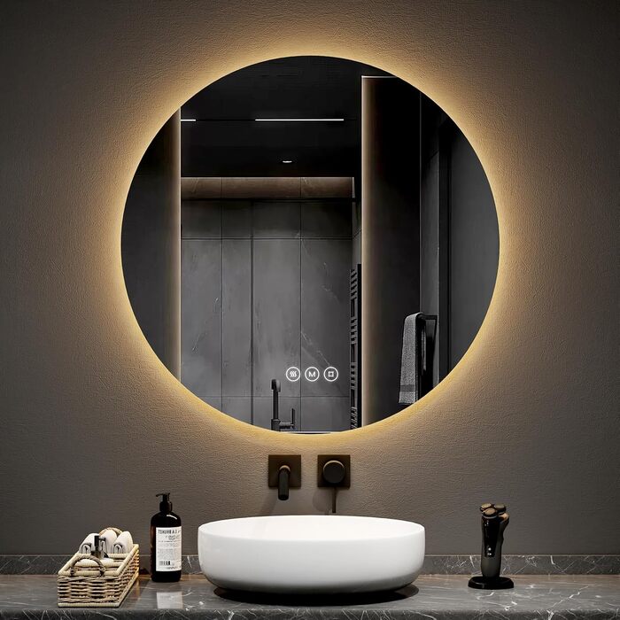 Дзеркало для ванної кімнати EMKE з підсвічуванням, діаметр 50 см, регульоване холодне біле світло, функція пам'яті, вимикач, IP44, енергозберігаюче, з підсвічуванням ззаду, дзеркало для ванної кімнати (3 кольори світла + проти запотівання, 80 x 80 см)