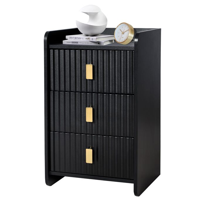 Нічний столик з 3 шухлядами, дерев'яний, з різьбленою передньою частиною, чорний. Нічний столик для спальні, вітальні, легко збирається.