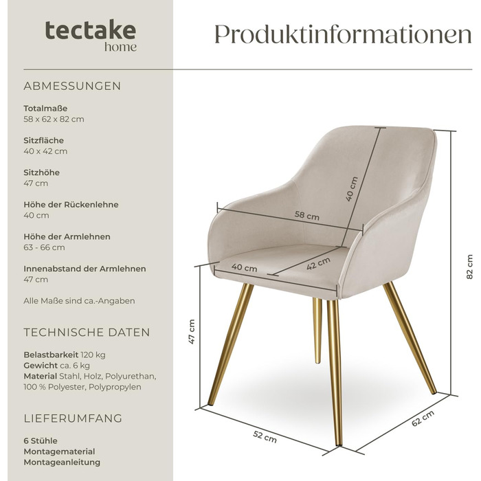 Крісло tectake® Esszimmerstuhl: зручне, з підлокітниками, оббивка з велюру, для вітальні, їдальні, офісу. Набір 6 шт. Колір: пудровий/золотий