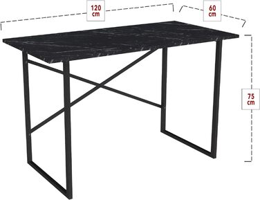Письмовий стіл Tjeldsund Офісний стіл з металевим каркасом Робочий стіл для домашнього офісу Комп'ютерний стіл в промисловому дизайні (мармур, чорний, 120x60x75см)