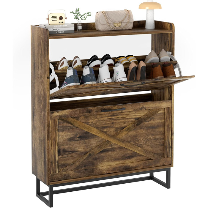 Шафа для взуття з 2 відкидними дверцятами, полиця для взуття в передпокій, вузька шафа-кіпер для взуття з 4 полицями, тумба для взуття з металевими ніжками, органайзер для взуття з дерева для стіни, 80x23,8x101,7 см, Білий (Коричневий)