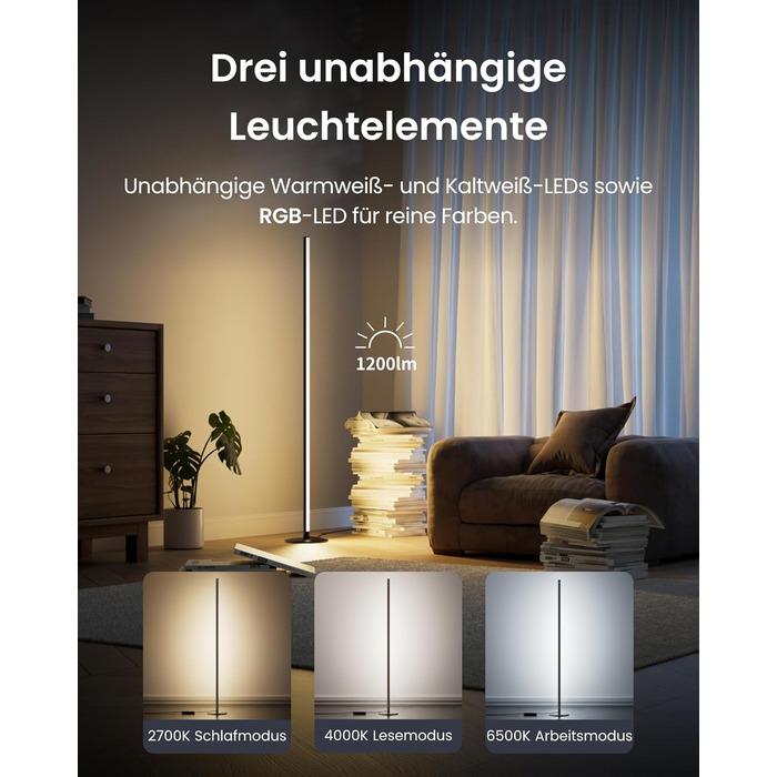 SwitchBot Matter Підлоговий світильник для вітальні та спальні, RGBWW, димування, Apple Home, Alexa, Google Home, керування через APP, музичні та сценні режими, чорний