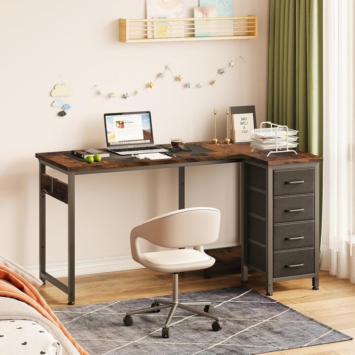 Комп'ютерний стіл кутовий Coleshome 120x70 см з 4 висувними ящиками, для офісу, кабінету, спальні, вінтажний коричневий