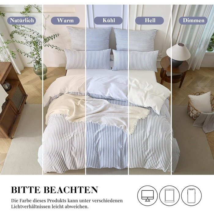Набір постільної білизни SOULFUL 200x200, бавовна, смугастий дизайн, джинсовий колір, преміум-якість, сертифікат Öko-Tex 100, 3 шт. (200x200, 2x80x80)