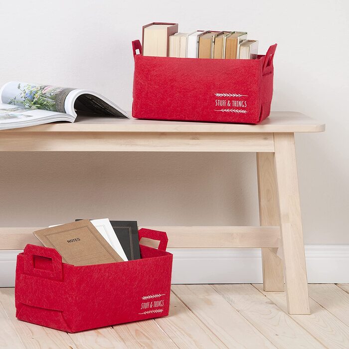 Складна прямокутна кошик для зберігання 30x20x15 см (червона) з фетрового Текстилю Ocean Home Set з 2 комплектів з ручкою і складаний кошиком для зберігання 30x20x15 см (червоний)
