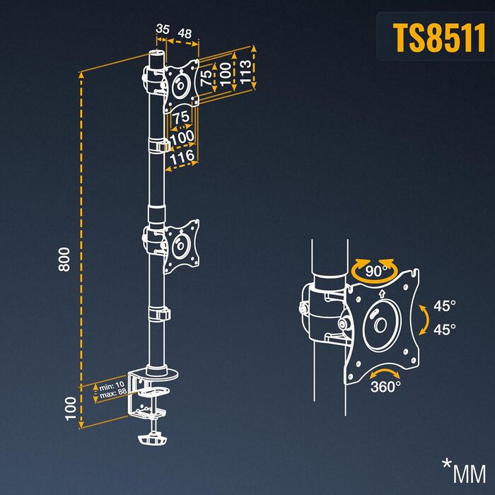 Кріплення для монітора RICOO TS2711: підставка для екрану 13-30 дюймів, VESA 75/100, кріплення до столу