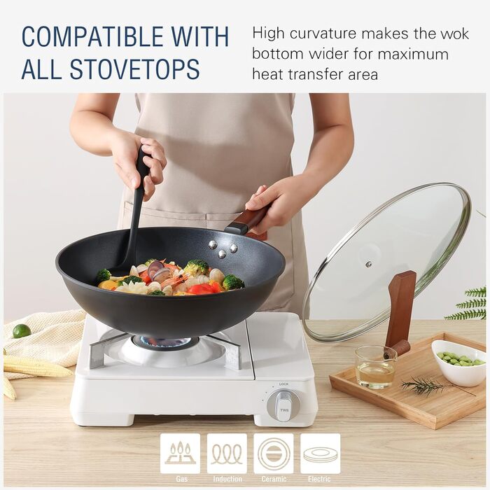 Кордісен Вок з антипригарним покриттям 33 см, 5.6 л з кришкою, без хімічного покриття, попередньо приправлений, підходить для індукційних, електричних та газових плит