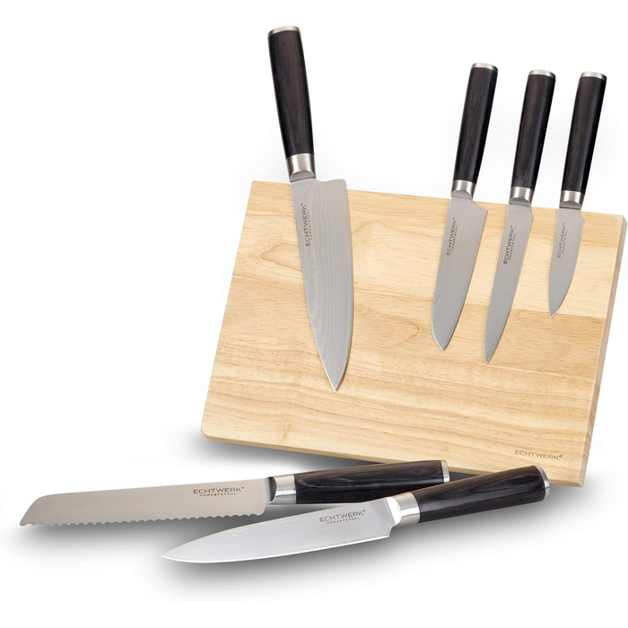 Набір кухонних ножів ECHTWERK Damast 7 предметів: кухонні ножі, ніж для хліба, ніж для філе, сантоку, універсальний ніж, ніж для очищення, ручки з пака-дерева, магнітний дерев'яний підставка