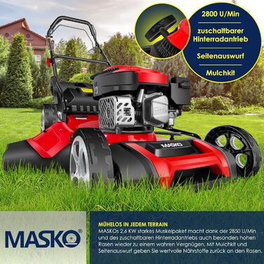Бензинова газонокосилка MASKO® 5в1 | Ширина косіння 51 см | 8 положень висоти стрижки | 4-тактний OHV двигун 6.0 PS | Об'єм кошика 65 літрів | З набором для мульчування, бічний викид | Червоний / Чорний