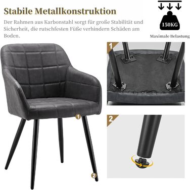 CLIPOP Комплект з 2-х обідніх стільців, з підлокітниками, з штучної шкіри, для кухні, вітальні, обідньої кімнати (штучна шкіра, темно-сірий)