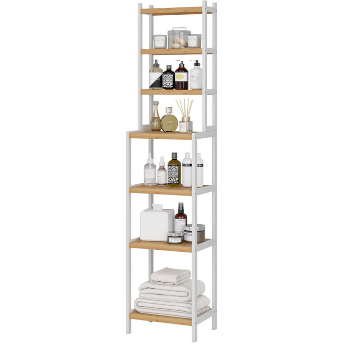 Стелаж для ванної кімнати та кухні FOREHILL з 7 полицями (160x36x28 см) - бамбук та білий