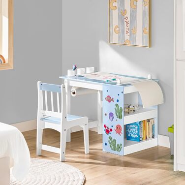 Дитячий стіл SoBuy з табуретом, комплект меблів для дитячої кімнати, ігровий та мальовий стіл для дітей, блакитний, 80x66x50 см, KMB60-B