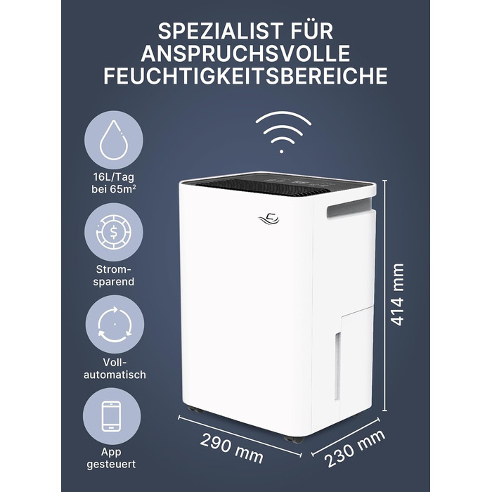 Comedes Demecto 16 eco WiFi - Потужний побутовий осушувач повітря (16 л/24 год) з Wi-Fi, для приміщень до 65 м²/150 м³, керування через додаток