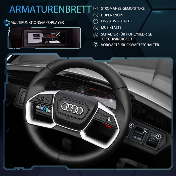 Електромобіль HOMCOM Audi e-tron 12V для дітей 3-5 років. Реалістичний дизайн, дистанційне керування, безпечний ремінь, музика (MP3/USB/TF), швидкість до 3-5 км/год. Чорний колір.