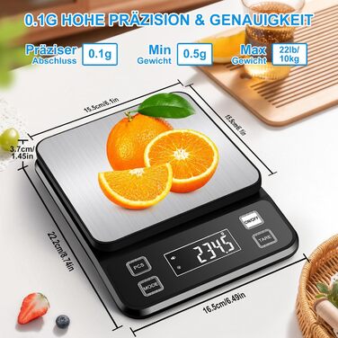 Кухонні ваги Diyife 10 кг, 0,1 г, з нержавіючої сталі, LCD-дисплеєм, функцією тарування та підрахунку, чорні