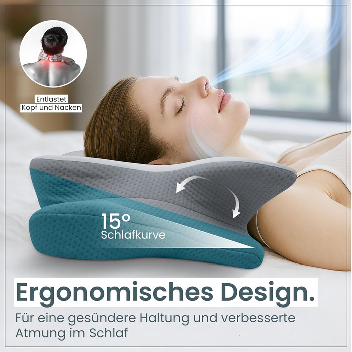 Ортопедична подушка для шиї при болях у шиї з високоякісної піни з пам'яті - Ергономічна подушка для шиї - Подушка для тих, хто спить на боці, спині та животі - Прати при 40°C, 61 x 40 x 12 см, Біла