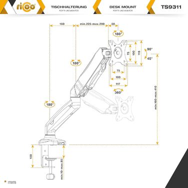 Кріплення для монітора RICOO TS2011: тримач для екрану 17-27 дюймів, VESA 75/100, для комп'ютера, настільний тримач