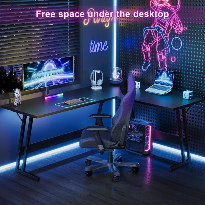 Ігровий стіл Airfish, L-подібний кутовий стіл для комп'ютера 170x130x75 см, чорний матовий