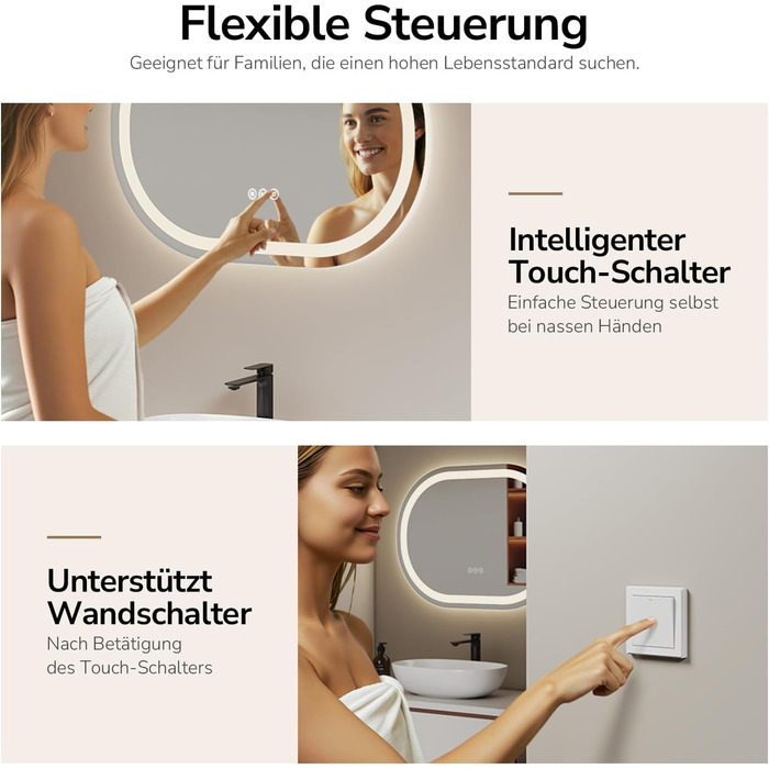 Дзеркало для ванної кімнати EMKE з підсвічуванням 50x90 см овальне, сенсорне керування, 3 кольори світла, регулювання яскравості, антизапарник, функція пам'яті, автовимкнення через 3 години