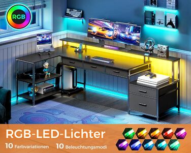 Комп'ютерний стіл Coleshome L-подібний з ящиками, 195x100 см, з розеткою, LED-підсвічуванням та підставкою для монітора, геймінговий стіл, чорний