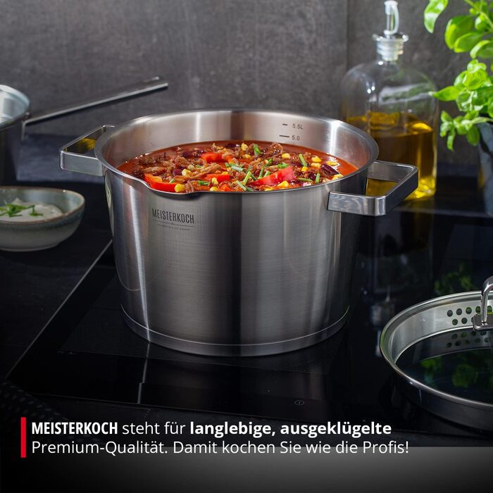 Каструля Meisterkoch з нержавіючої сталі 16 см Ø | з виливом, мірною шкалою та ізольованою ручкою | 1 скляна кришка з дрібним та великим ситом | посуд з нержавіючої сталі, підходить для індукційних плит (24 см)