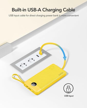 З кабелем, LED-дисплей, 5 виходів, 2 входи, USB C, жовтий, сумісний з iPhone/Huawei/Samsung/iPad, 10000mAh