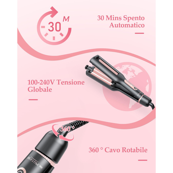 4-в-1 Випрямляч та завивачка для волосся - 22/25/32/38 мм, для створення хвиль, 4 температури (140-210°C), 3 насадки, чорний, Rose