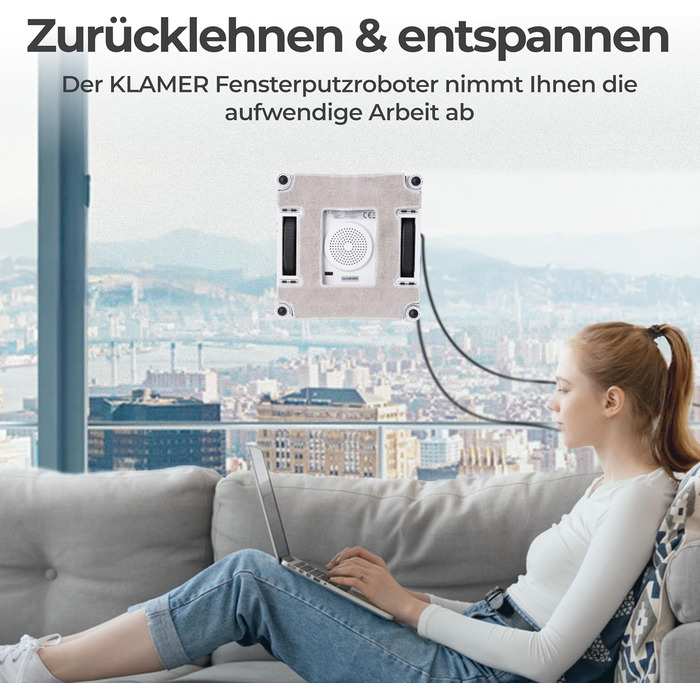 Робот-прибиральник вікон KLAMER 3500 Pa – автоматичний мийник вікон з резервуаром 100 мл, функцією вологого прибирання, розпізнаванням країв, тихий (60 дБ), захист від падіння та смарт-планування. Білий