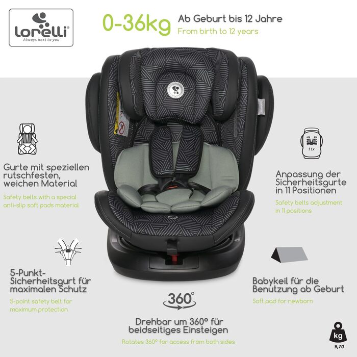 Автокрісло Lorelli Aviator, зростаюче автокрісло з Isofix - група 0/1/2/3 (0-36 кг), дитяче крісло, поворот на 360 градусів, 5-точковий ремінь безпеки, регульований підголівник, зелено-чорний з малюнком