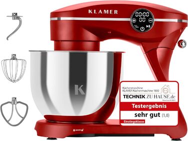 Кухонний комбайн KLAMER 1800 Вт, тістомісильна машина з чашею з нержавіючої сталі об'ємом 6 літрів, 10 налаштувань швидкості з таймером, віночком, гачком для тіста, віночком і захистом від бризок (червоний)